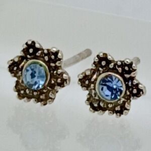 Vintage Sterling Silver Light Blue Crystal Flower Stud Earrings Floral Jewelry